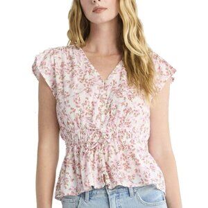 Time And Tru Pink Cotton Floral Peplum Top with Flutter Sleeves & Tie Waist | XS